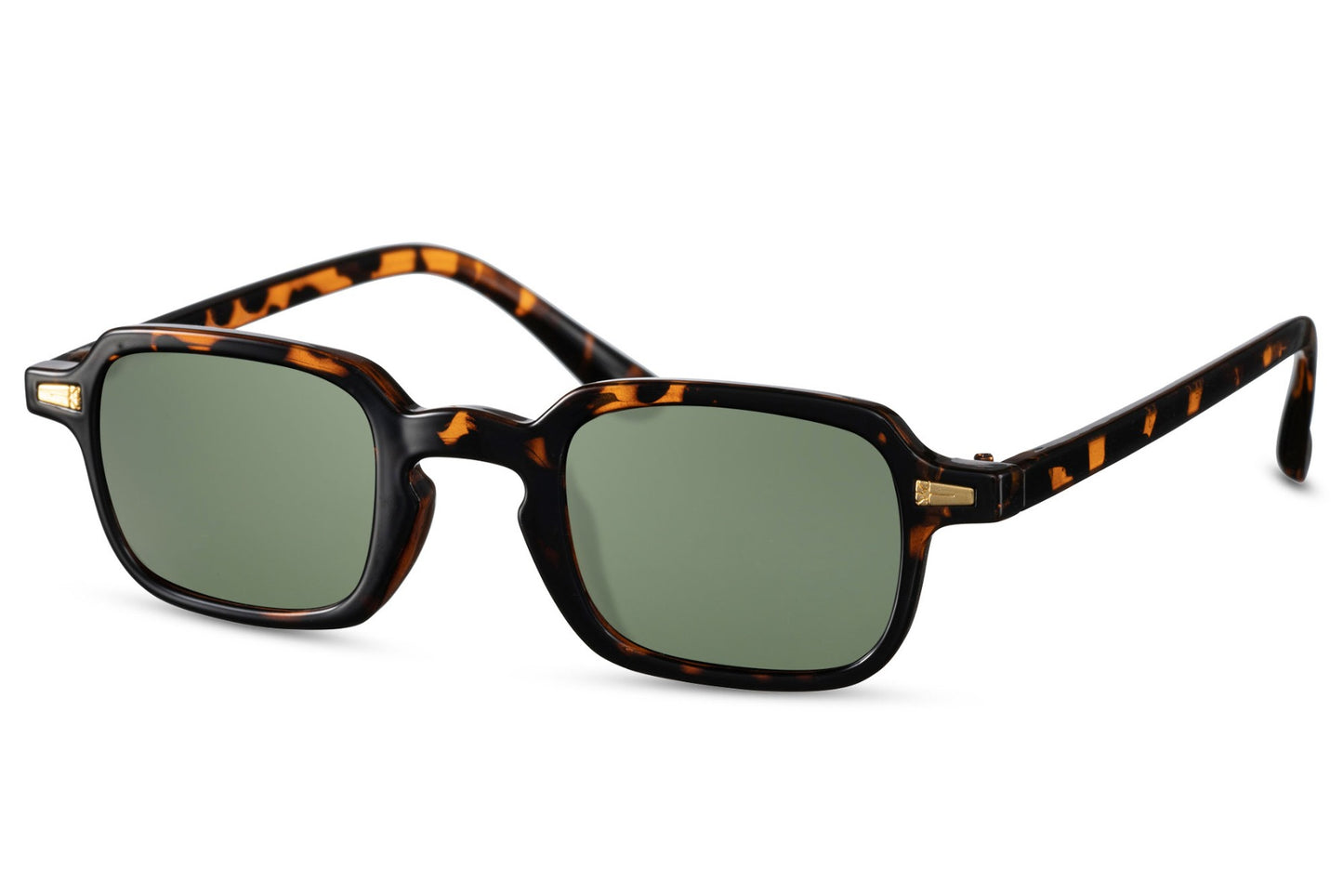 Side view Vintage rectangle sunglasses with tortoiseshell frame and green tinted lenses