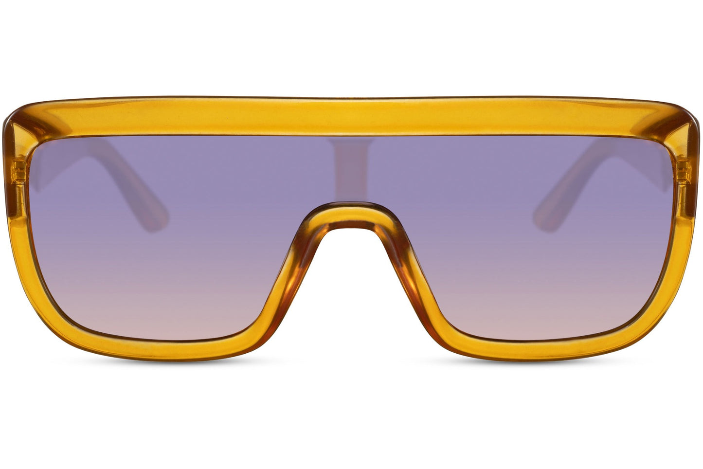 Orange frame bold oversized sports party sunglasses with purple gradient lens — maximum colour-blocking in a flat-top shield, the Ibiza golden hour frame meets Parisian lens tint, 100% recycled polyester UV400 | Sunglass Station