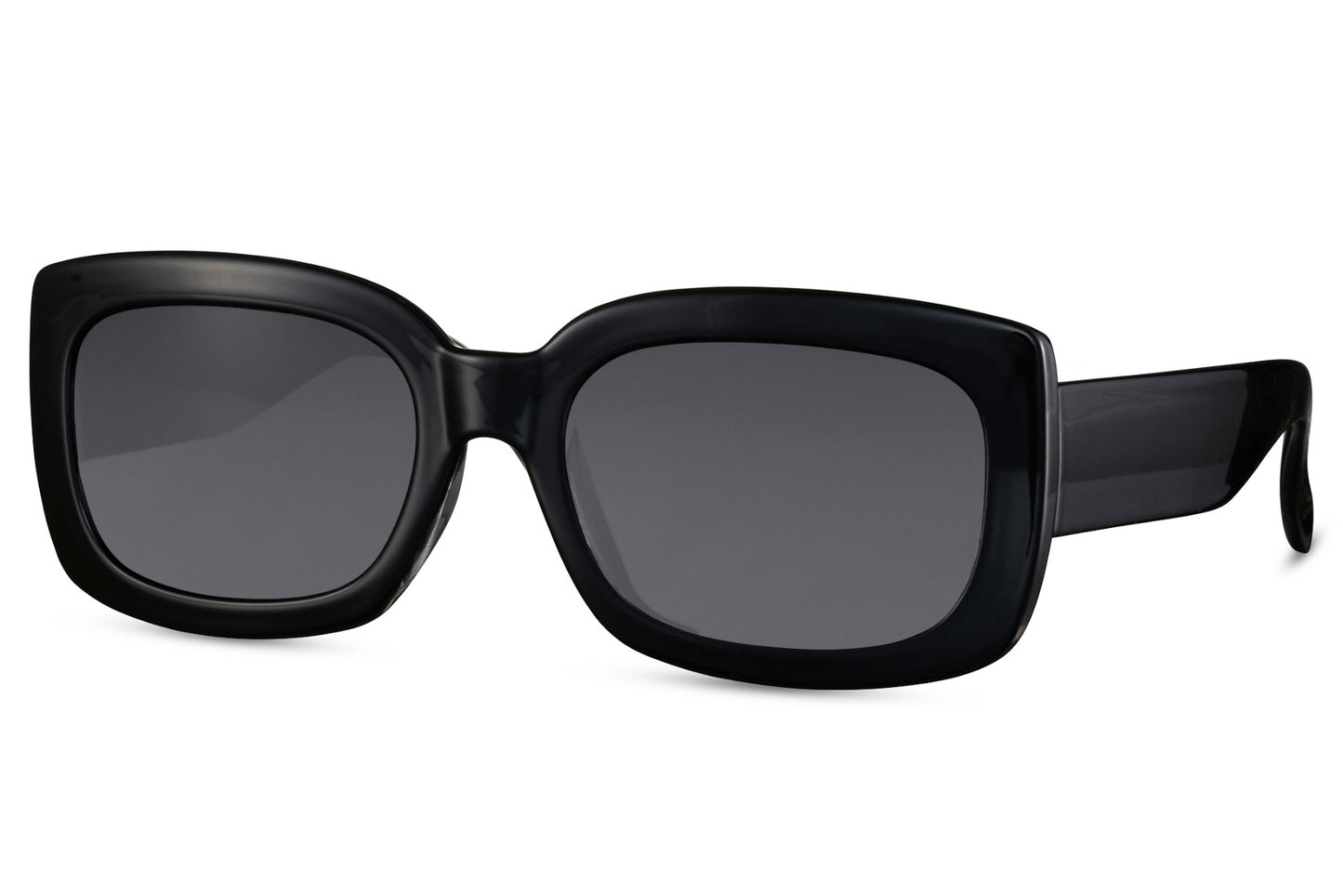 black eco bold rectangle party sunglasses — 5cm height with 5.2cm wide lens shown in full, sustainable unisex party eyewear built from 100% recycled polyester, UV400 | Sunglass Station