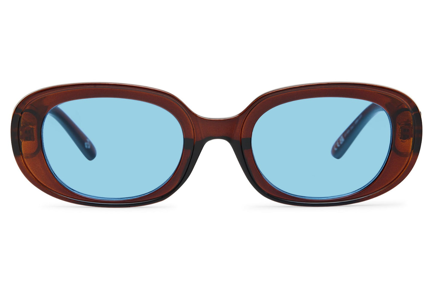 Eco chunky oval sunglasses for women with burgundy red recycled polyester frame and blue tinted polycarbonate lens – bold colourful retro shades for festivals and summer, Sunglass Station free UK and Europe delivery