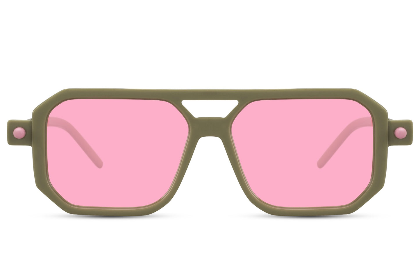 Pink frame eco geometric party sunglasses with rose tinted lens — warm Riviera palette in a bold sustainable navigator frame, the colourway that reads St Tropez terrace and Glastonbury golden hour in equal measure, free delivery UK & Europe