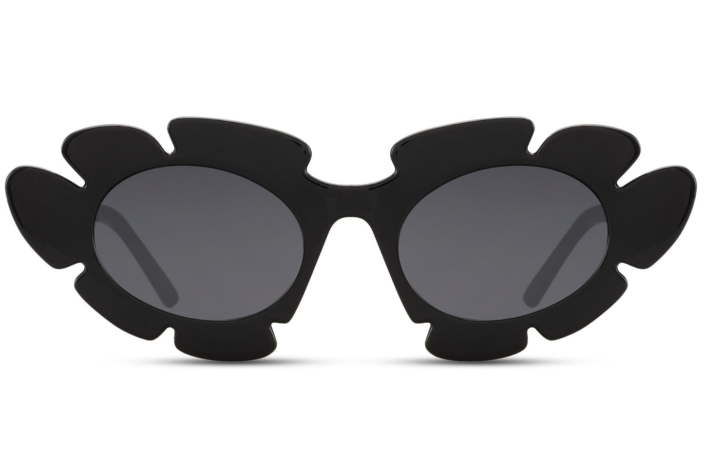 Elevated view of black eco leaf party sunglasses — organic wrap petal construction showing full sculptural depth, the sustainable novelty frame for festival headliners and botanical fashion devotees, free delivery UK & Europe | Sunglass Station