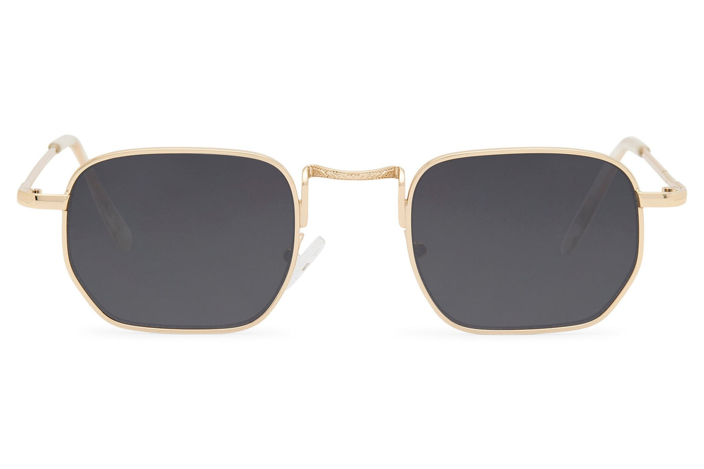Geometric rectangle tinted sunglasses for men with gold copper metal frame and smoke grey translucent recycled rPMMA lens – sleek minimalist retro geometric rectangle shades for city wear and smart casual styling, Sunglass Station free UK and Europe shipping