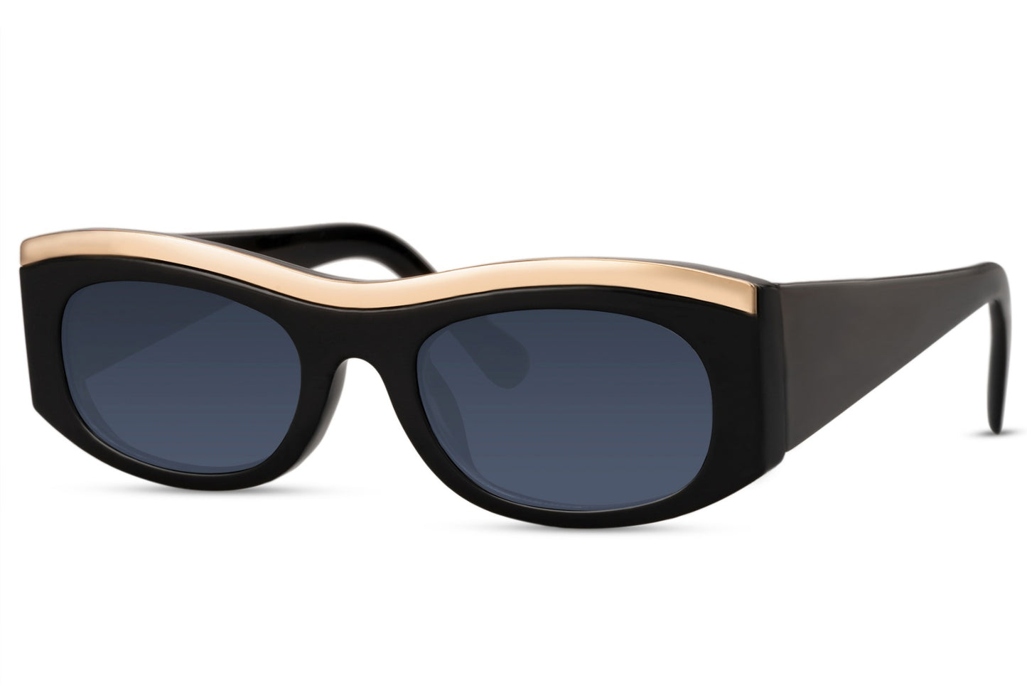 Elevated view of black and gold bold party sunglasses — 4.5cm height with 6.7cm wide lens in sustainable recycled polyester, the parallel dual-tone frame for men and women who understand that the detail is the difference, UV400 free delivery