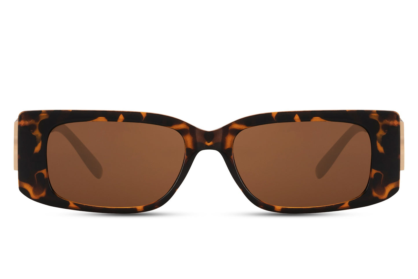 Brown animal print London rectangle party sunglasses with amber lens — warm-toned print in a premium slim metal frame, the colourway that carries 70s Riviera energy into the most directional rectangle silhouette of 2026, UV400
