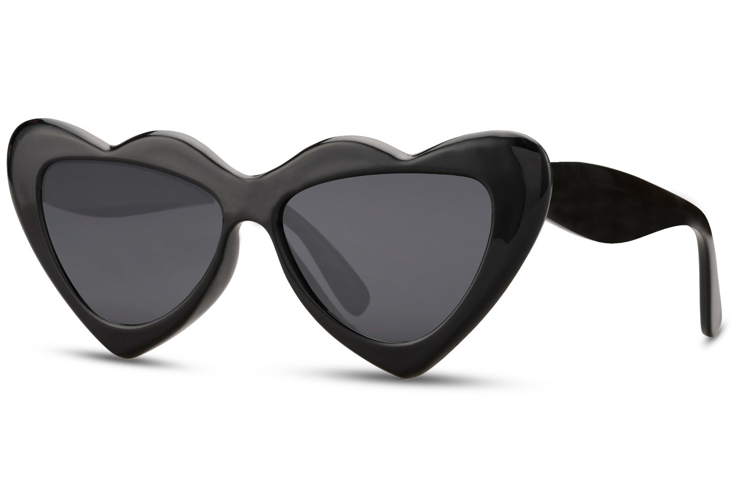 black luxe heart cat-eye party sunglasses — gradient purple lens option in sustainable recycled polyester, the heart shape that reads Saint Laurent-coded glamour at an honest price, UV400 free delivery UK & Europe
