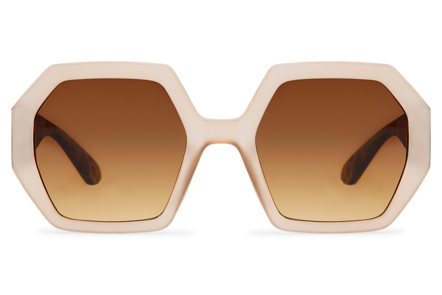 Cream and brown two-tone oversized geometric party sunglasses with warm brown lens — tonal quiet luxury in a bold hexagonal frame, the softer maximalism for women who want presence without noise, free delivery UK & Europe