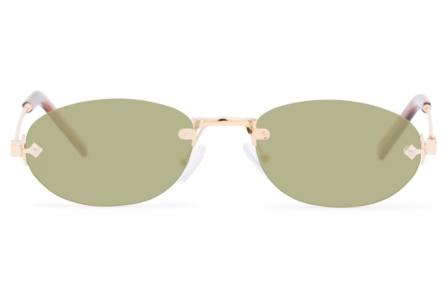 Rimless oval vintage sunglasses for men and women with gold copper frame and green olive translucent polycarbonate lens – lightweight frameless retro eyewear for festivals and holidays, Sunglass Station free shipping UK and Europe