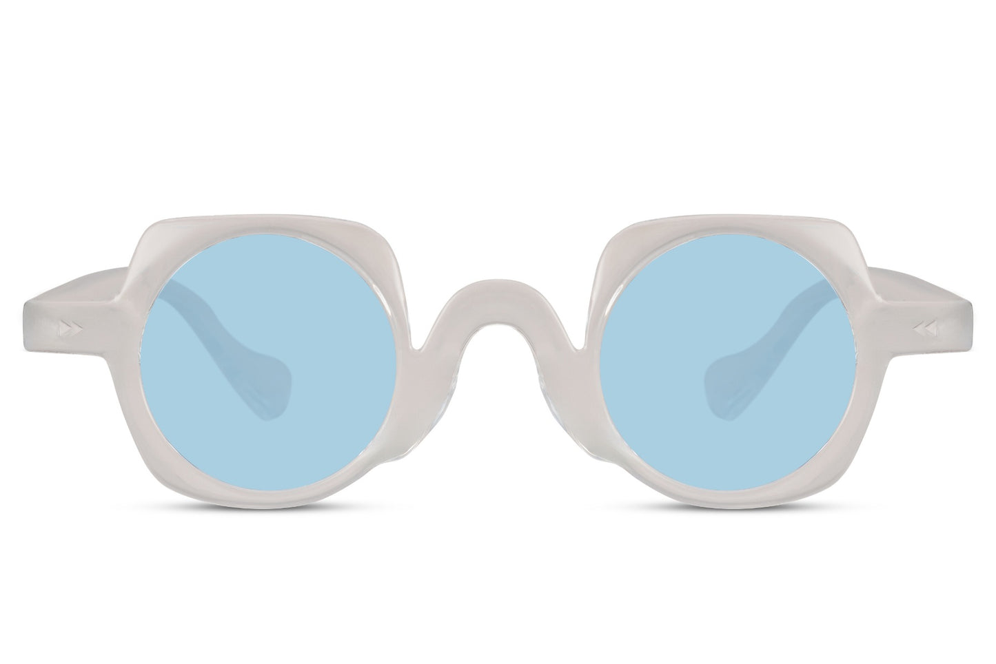 Ice blue round party sunglasses with white frame — minimal Scandinavian cool meets Mediterranean light, a clean-lens statement for sun-soaked afternoons