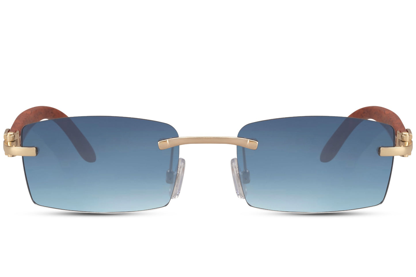 Sleek rimless rectangle sunglasses for men with elegant gold metal frame and blue gradient UV protection lens – stylish frameless rectangle shades for city wear and summer holidays, Sunglass Station free UK and Europe shipping