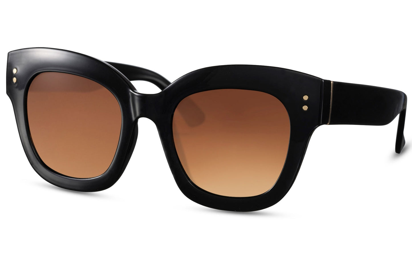 Oversized black cat eye sunglasses with brown tinted lenses and structured frame