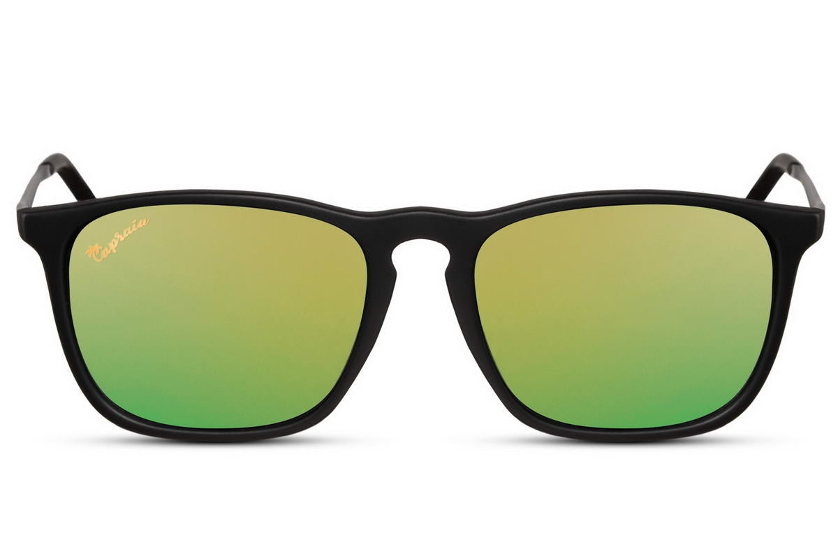 Black frame green mirror sunglasses with UV400 protection for beach wear, festivals and sunny day fashion