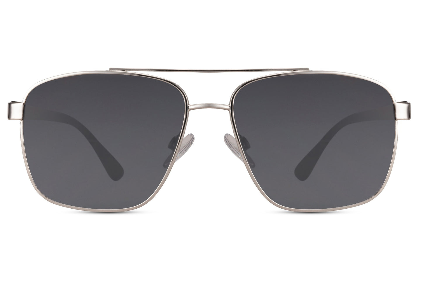 Black lens aviator sunglasses with a metal frame, offering a bold and clean look for modern outfits