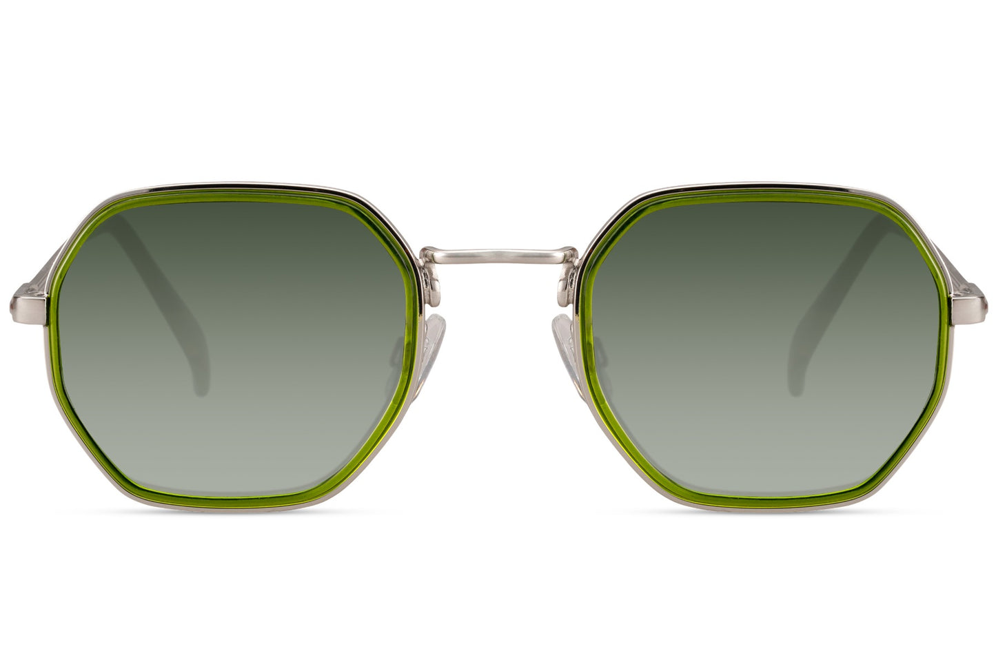 Geometric square sunglasses with olive green lenses and lightweight metal frame for travel and outdoor fashion