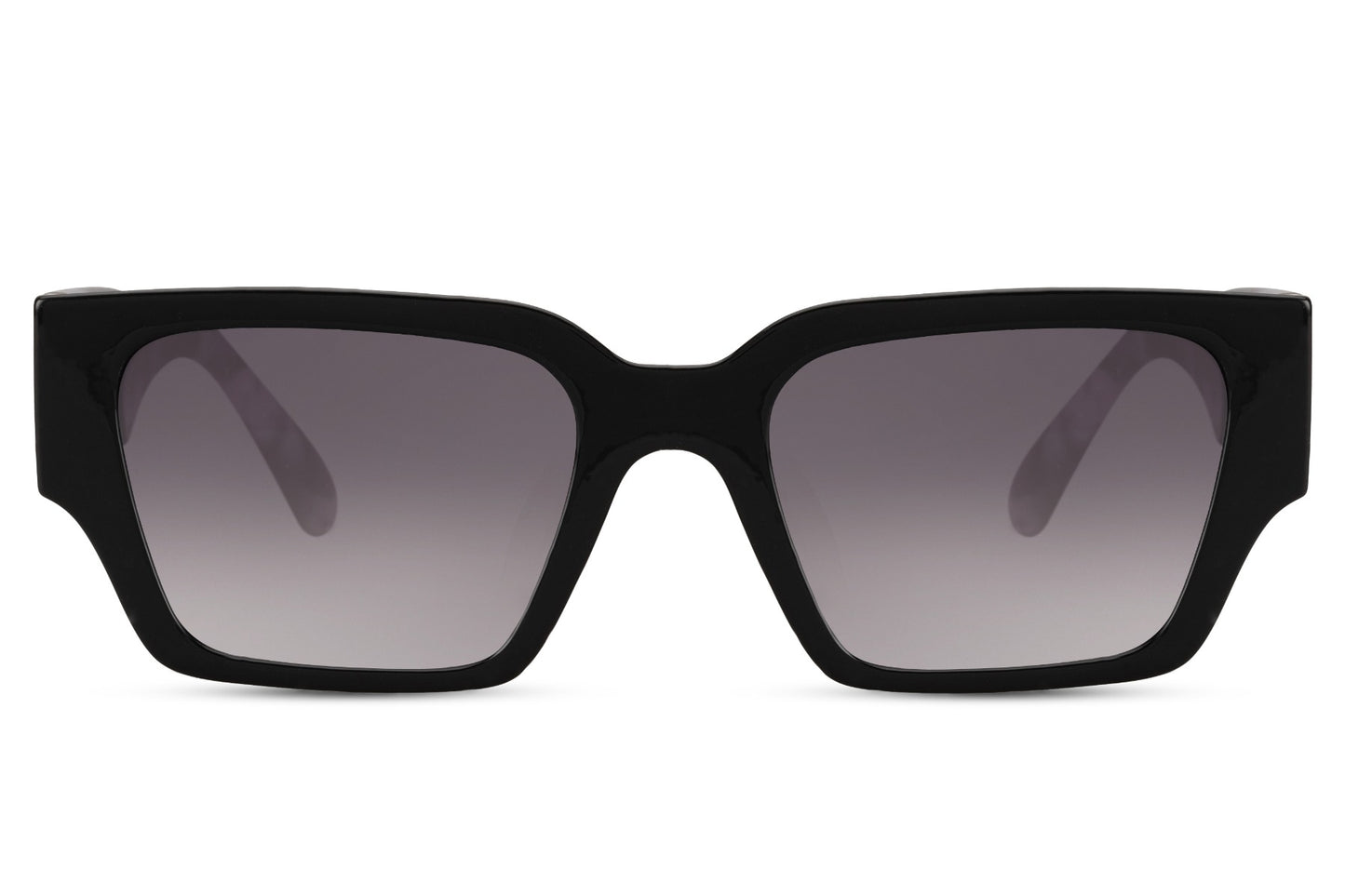 Black rectangle sunglasses with purple gradient lenses by Sunglass Station, stylish unisex eyewear combining modern design with everyday comfort
