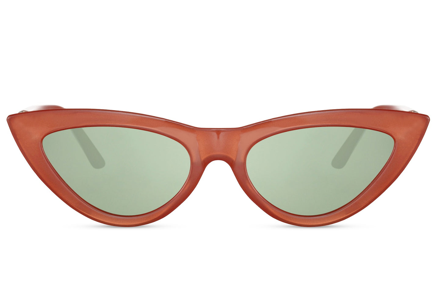 Cat eye sunglasses with striking red frame and green tinted lenses, inspired by Onyx Blade design for bold and fashion-forward looks