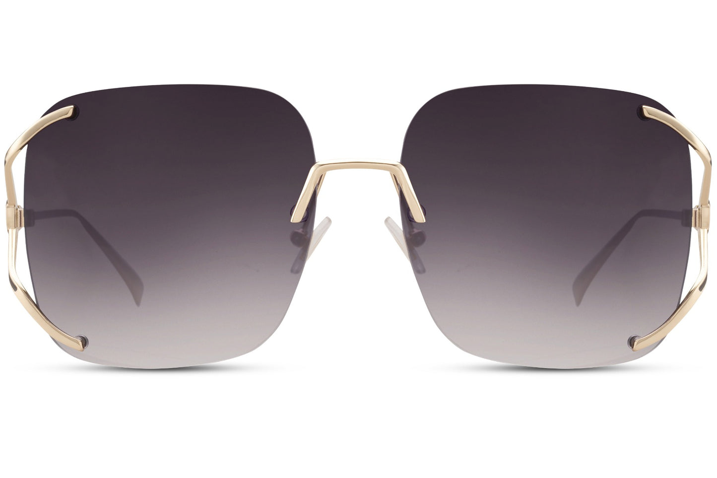Oversized rimless sunglasses with dark gradient lenses and metal frame, bold designer style sunglasses for women inspired by modern luxury fashion