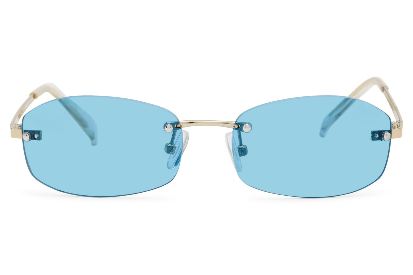 Rimless rectangle sunglasses with blue tinted lenses by Sunglass Station, contemporary women’s eyewear designed with a sleek copper frame and clean lines