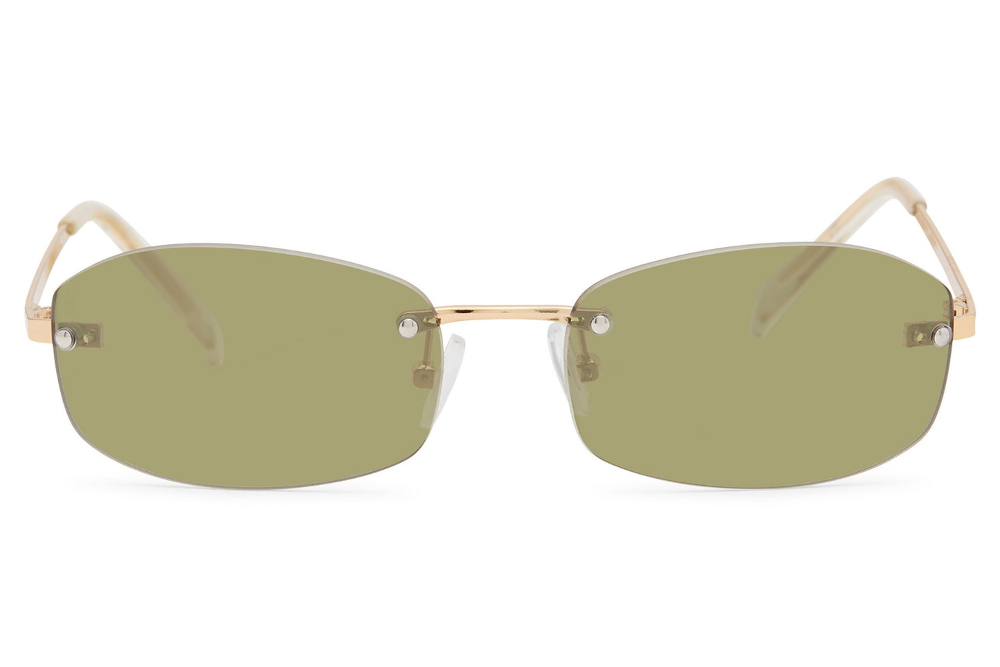 Women’s rimless rectangle sunglasses with olive green tinted lenses by Sunglass Station, lightweight and stylish design perfect for modern everyday wear, available with fast delivery options