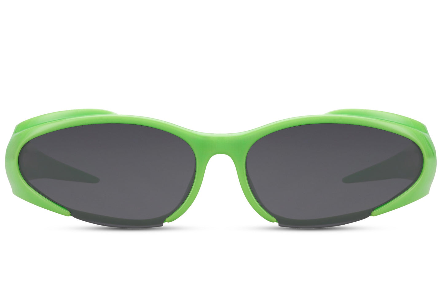 Green frame Y2K hip-hop party sunglasses with smoke lens — the boldest colourway in the collection, retro sport wrap for men and women who want their eyewear to announce them before they speak, free delivery UK & Europe | Sunglass Station