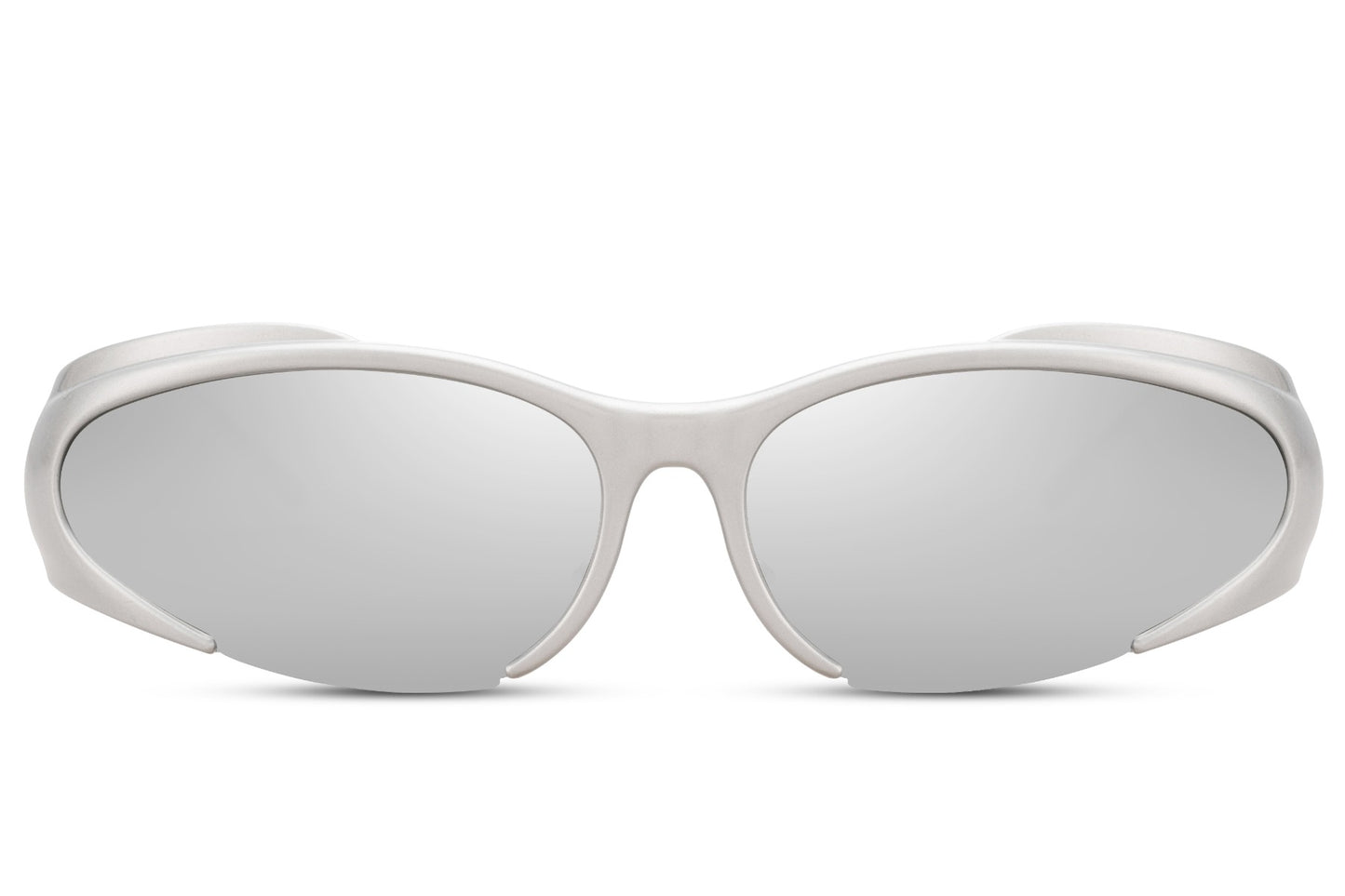 Silver chrome mirror lens Y2K hip-hop party sunglasses — reflective futuristic wrap for men and women, the mirror lens that carries equal weight at a Berlin techno club and a Glastonbury main stage, UV400