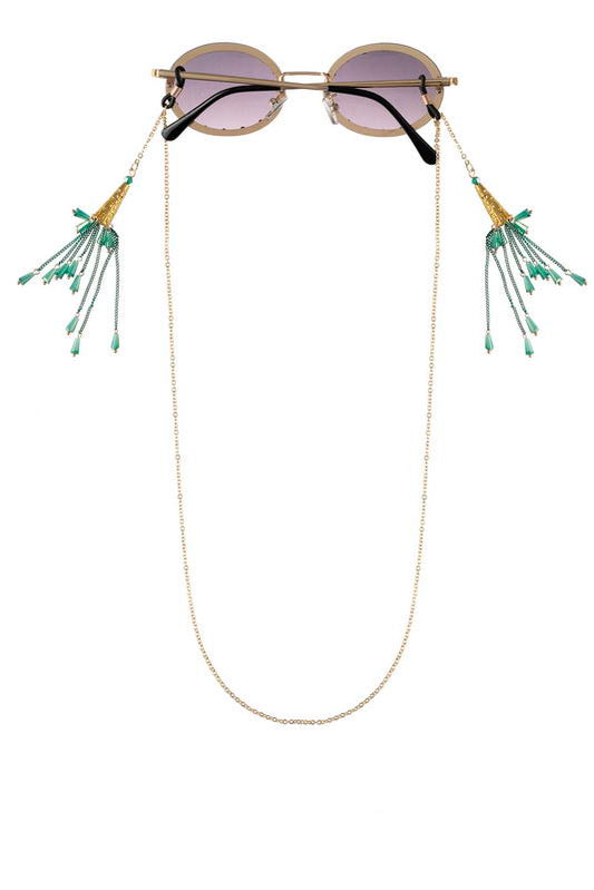 Golden Sunglass Chain Necklace with Blue Fringes