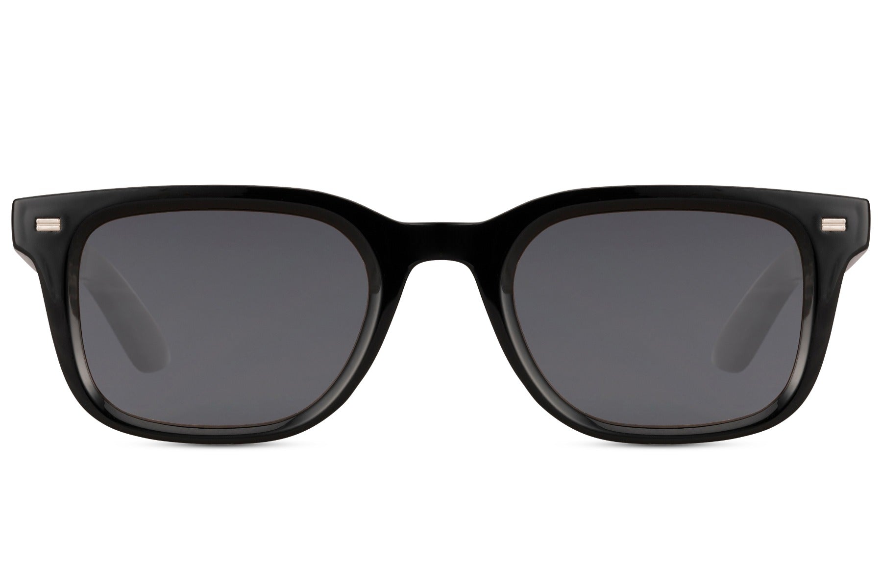 Black rectangular sunglasses with black lenses and bold acetate frame, sleek unisex everyday style