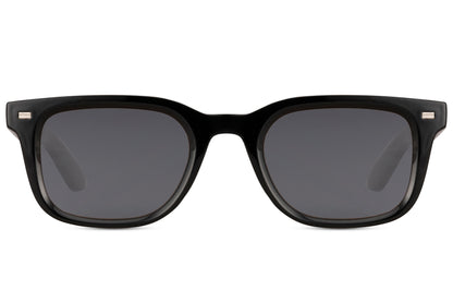 Black rectangular sunglasses with black lenses and bold acetate frame, sleek unisex everyday style