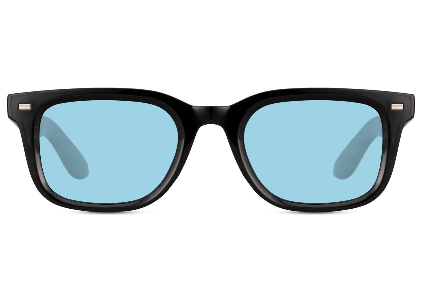 Black rectangular sunglasses with light blue lenses and sleek modern frame, unisex style