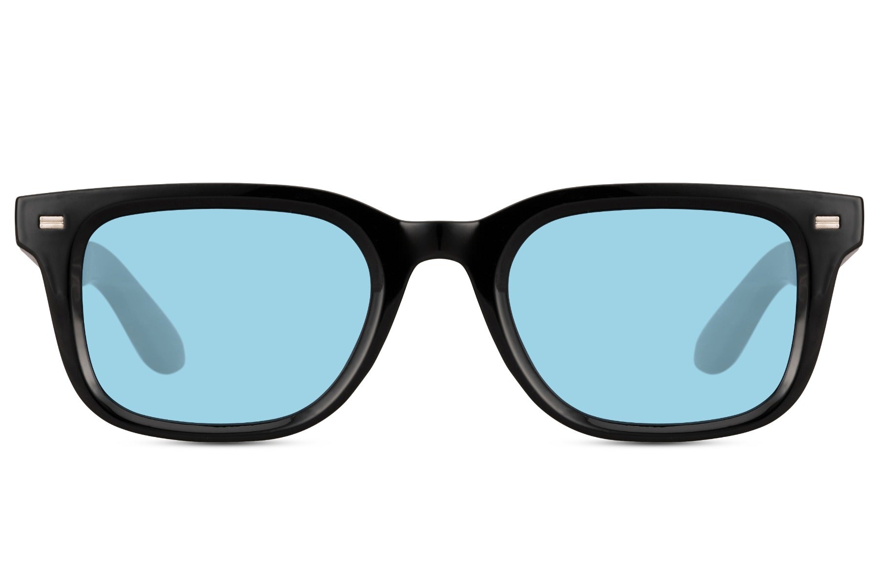Black rectangular sunglasses with light blue lenses and sleek modern frame, unisex style