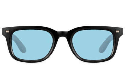 Black rectangular sunglasses with light blue lenses and sleek modern frame, unisex style