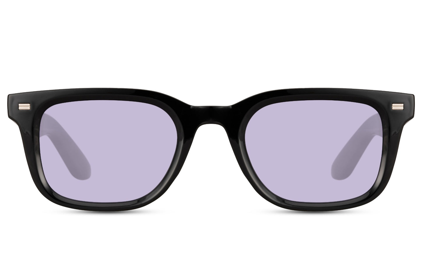 Black rectangular sunglasses with light purple lenses and sleek acetate frame, modern unisex style