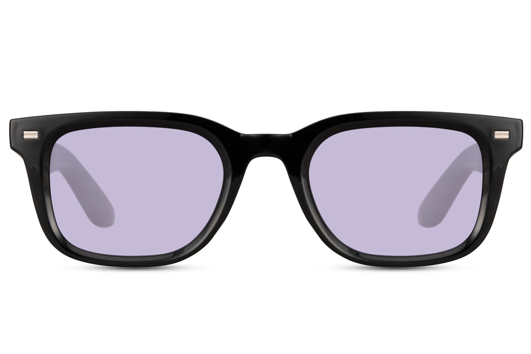 Black rectangular sunglasses with light purple lenses and sleek acetate frame, modern unisex style