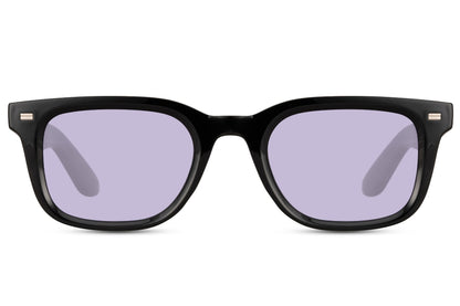 Black rectangular sunglasses with light purple lenses and sleek acetate frame, modern unisex style