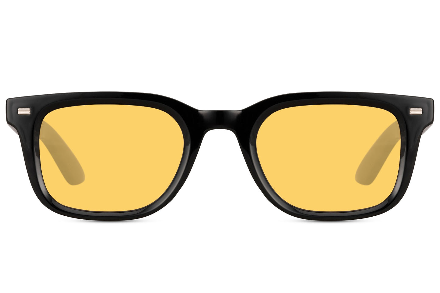 Black rectangular sunglasses with light yellow tinted lenses and sleek acetate frame, modern trending unisex style