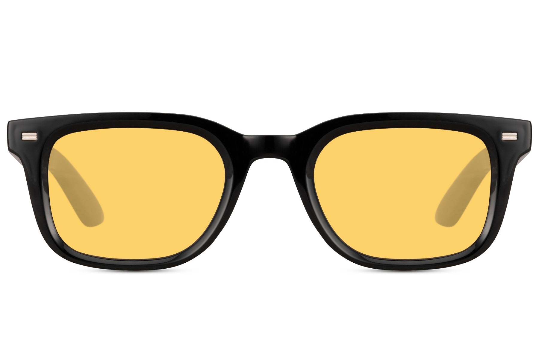 Black rectangular sunglasses with light yellow tinted lenses and sleek acetate frame, modern trending unisex style