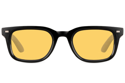 Black rectangular sunglasses with light yellow tinted lenses and sleek acetate frame, modern trending unisex style