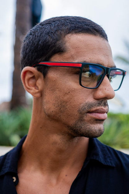 men in black and red frame wayfarer eyeglasses designed for comfort