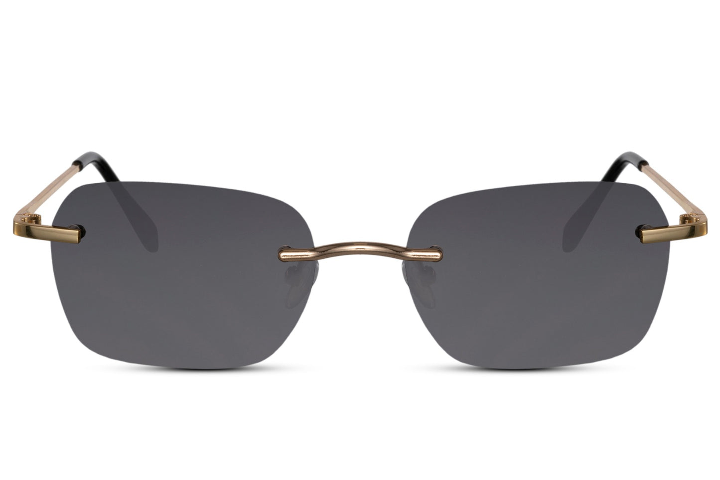 Rimless rectangle sunglasses with a golden frame and black lens