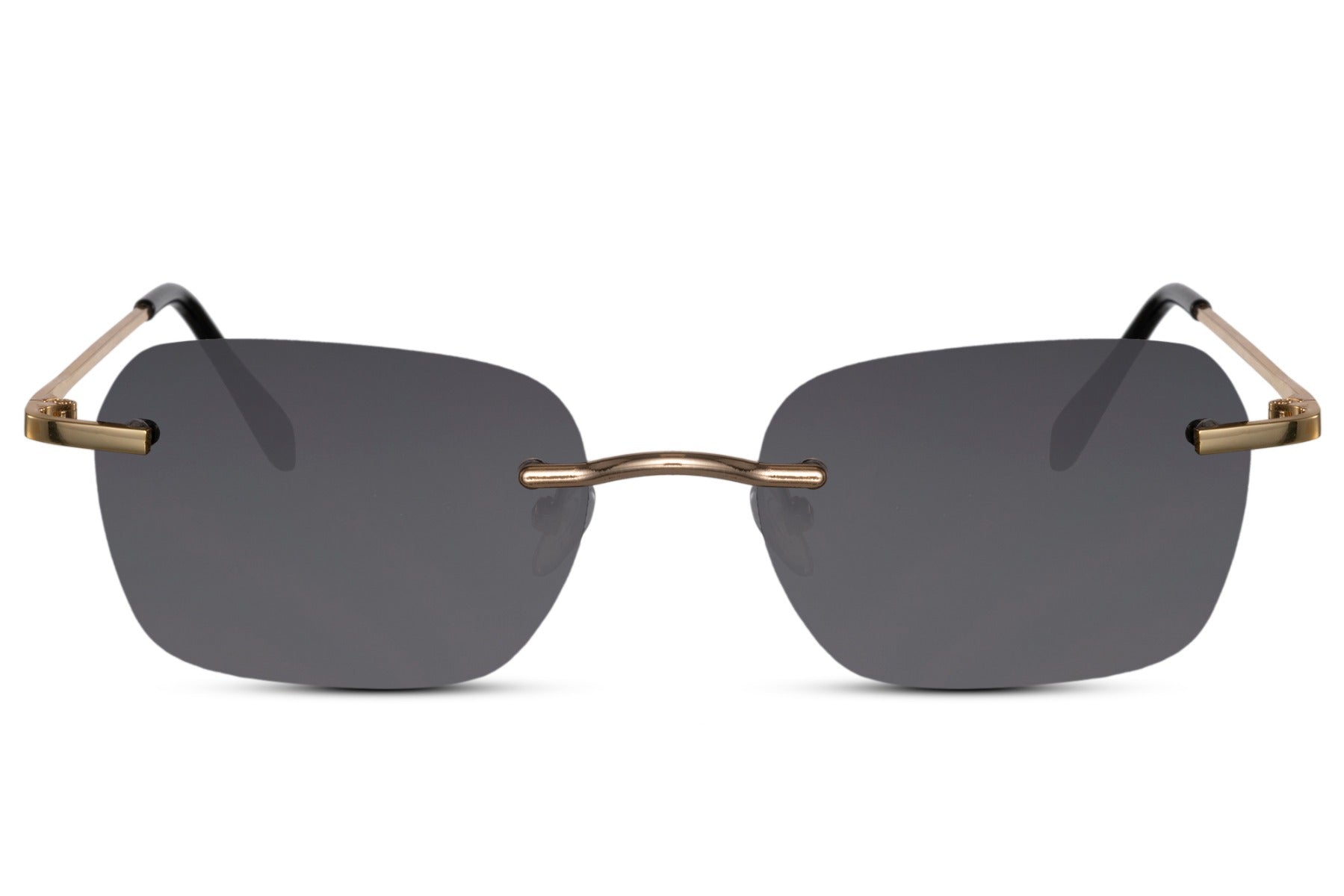 Rimless rectangle sunglasses with a golden frame and black lens