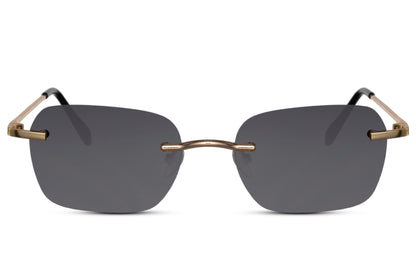 Rimless rectangle sunglasses with a golden frame and black lens