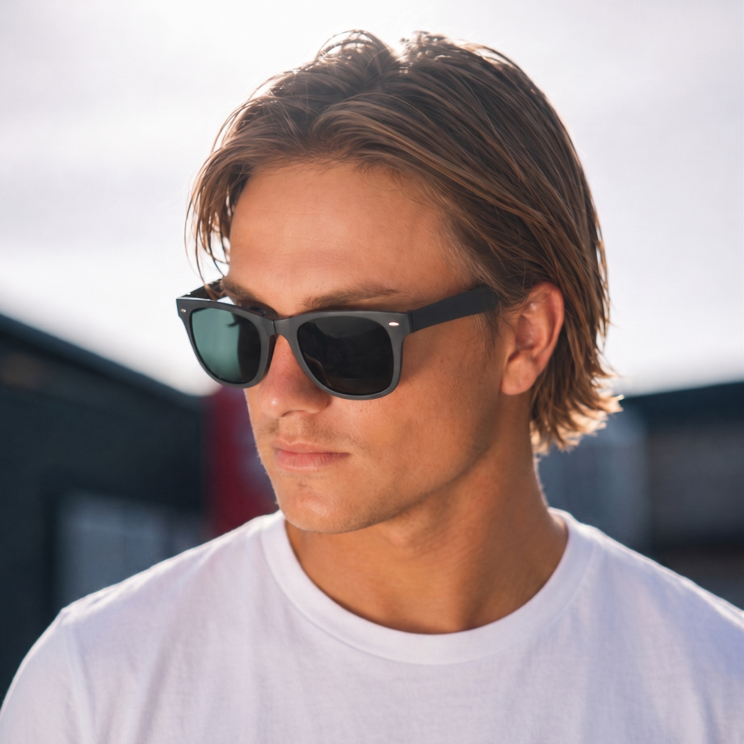 a man wearing white t-shirt and  black wayfarer sunglasses in London