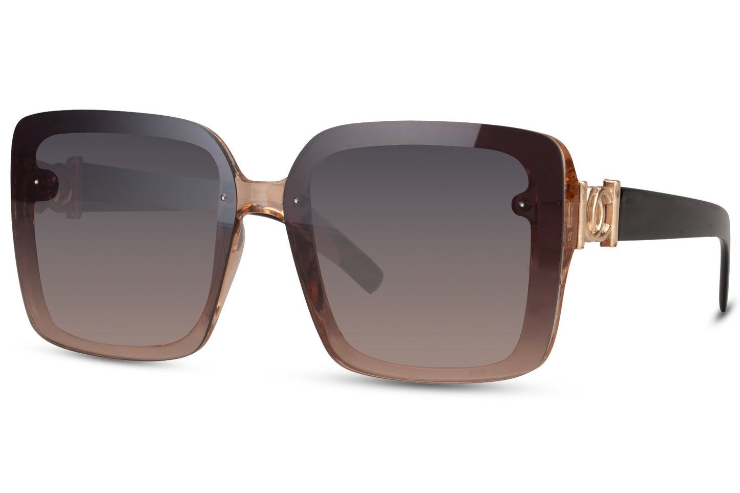 Black oversized sunglasses with smokey tinted lenses and thick frame design, fashionable women’s sunglasses for driving, city wear and everyday styling