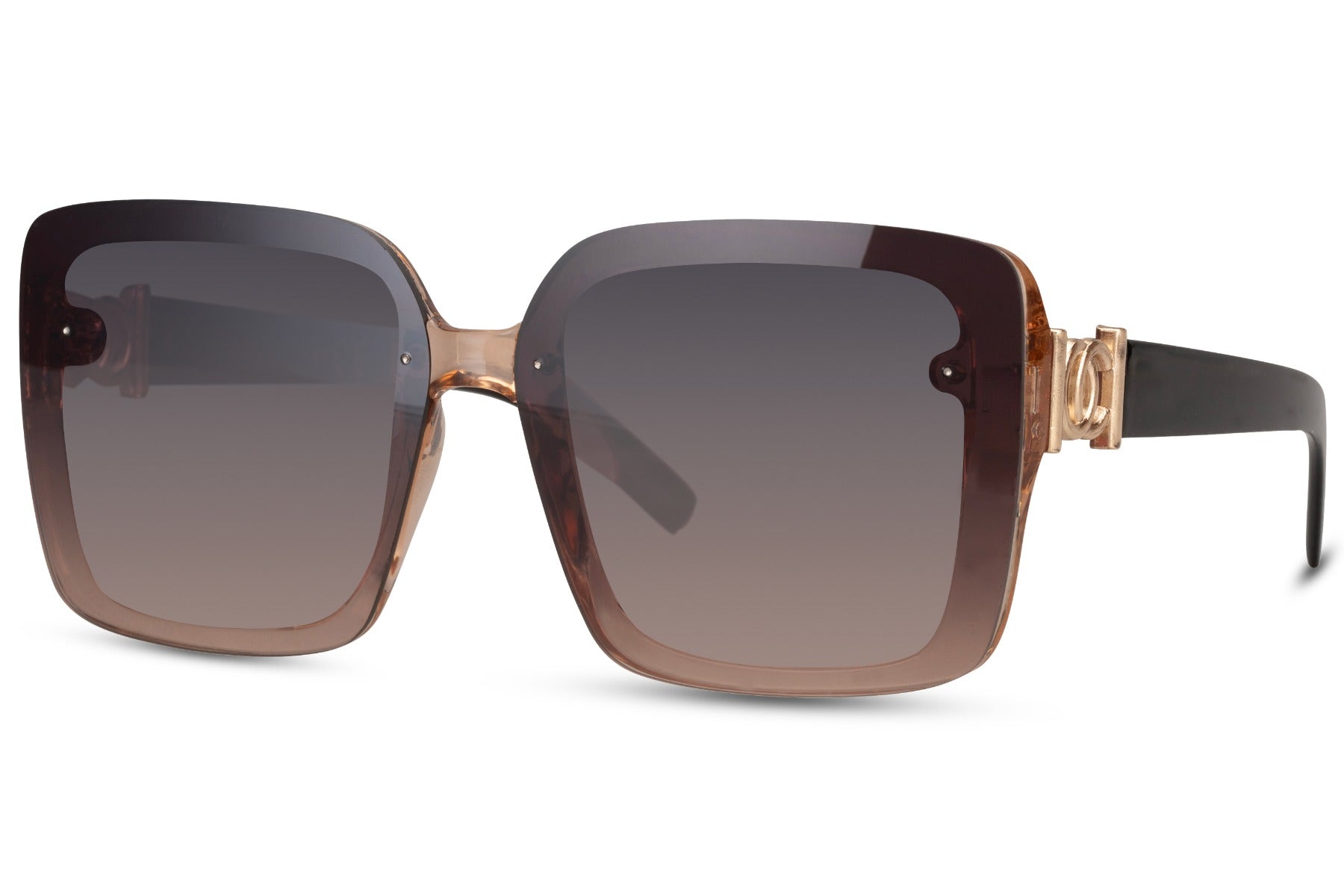 Black oversized sunglasses with smokey tinted lenses and thick frame design, fashionable women’s sunglasses for driving, city wear and everyday styling