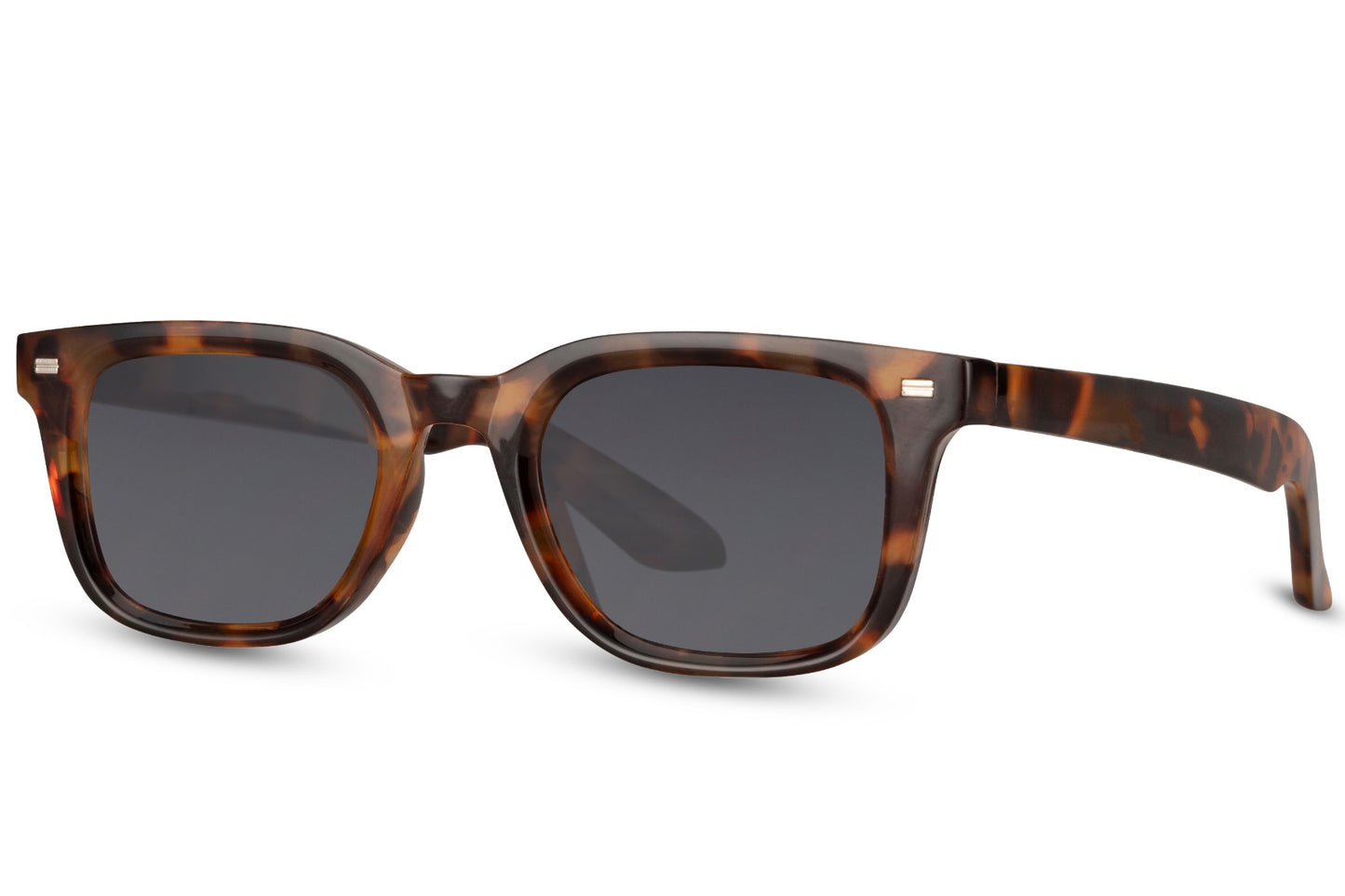 Side view of tortoiseshell rectangular sunglasses with dark lenses and thick frame