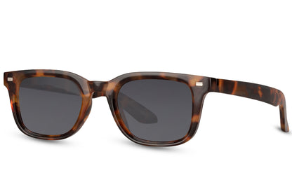 Side view of tortoiseshell rectangular sunglasses with dark lenses and thick frame