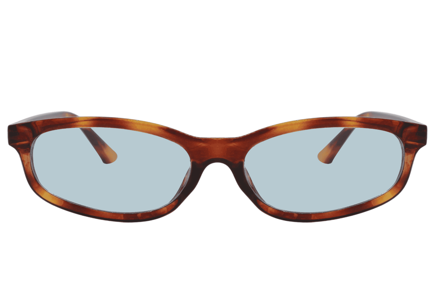 Tortoiseshell rectangle sunglasses with light blue tinted lenses and slim frame