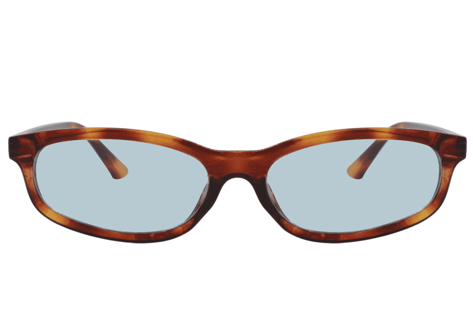 Tortoiseshell rectangle sunglasses with light blue tinted lenses and slim frame