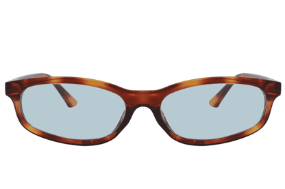 Tortoiseshell rectangle sunglasses with light blue tinted lenses and slim frame