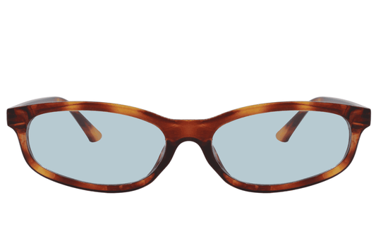 Tortoiseshell rectangle sunglasses with light blue tinted lenses and slim frame
